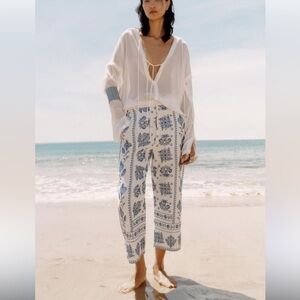 Zara‎ Linen Embroidered Culottes Wide Leg Pants Size Large